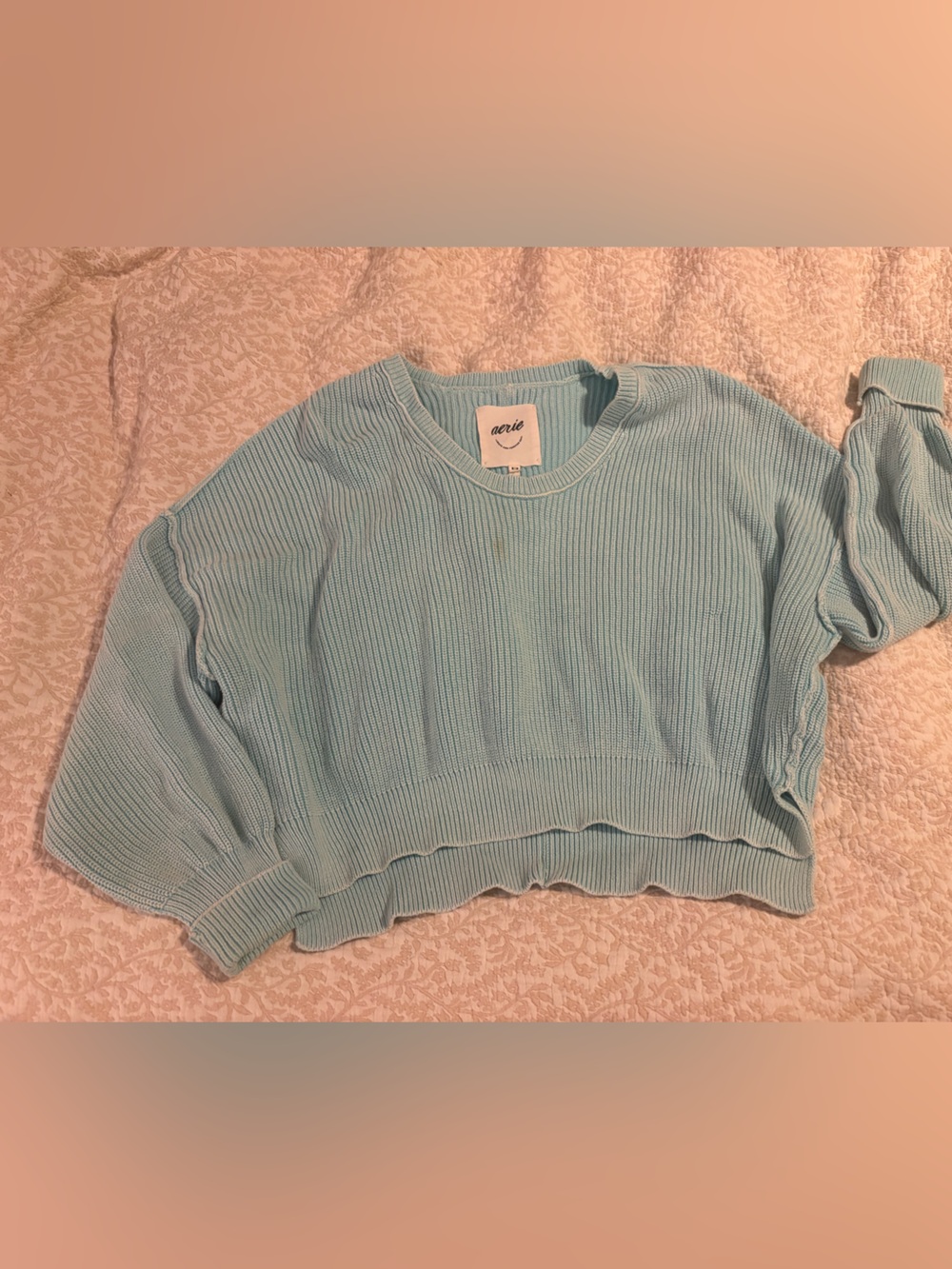 Aerie Turquoise Ribbed Puff Sleeve Cropped Sweater